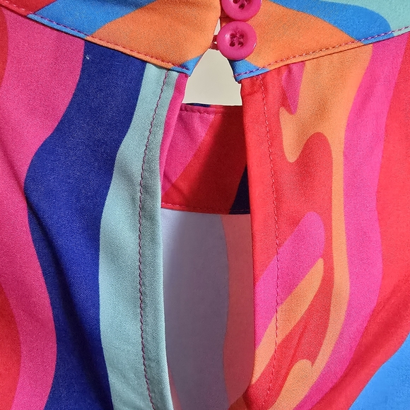 Women's Colorful Retro Funky Disco Lantern Sleeve Ruffle Hem Dress NWOT - Picture 5 of 10